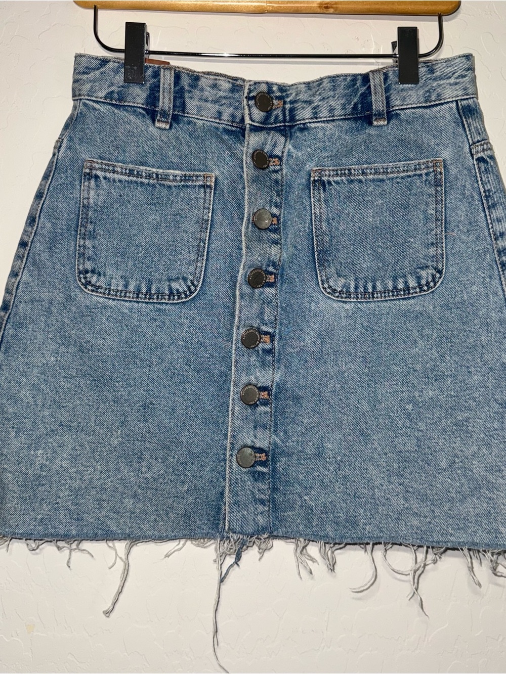 Zara denim mini skirt jean TRF button front light wash frayed hem READ women's S